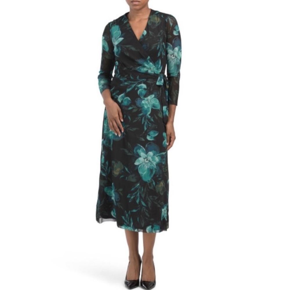 Anne Klein Teal Multi Floral Midi Wrap Dress Size S